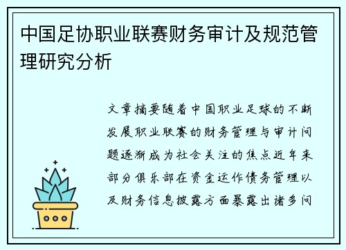 中国足协职业联赛财务审计及规范管理研究分析 中国足协职业联赛财务审计及规范管理研究分析