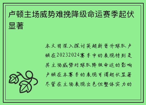 卢顿主场威势难挽降级命运赛季起伏显著 卢顿主场威势难挽降级命运赛季起伏显著