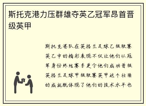斯托克港力压群雄夺英乙冠军昂首晋级英甲 斯托克港力压群雄夺英乙冠军昂首晋级英甲